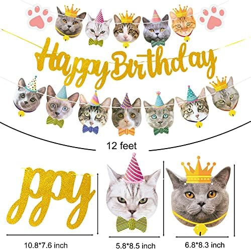 קישוט מסיבת יום הולדת לחתול פרצוף פרצוף באנר נצנצים זהב באנר ליום הולדת שמח למיאו קיטי נושא מסיבת יום הולדת ציוד מקלחת
