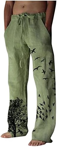 מכנסי פשתן לגברים מזדמנים עץ מצחיק הדפסת ציפור קלה משקל מותניים אלסטיים חוף יוגה מכנסי יוגה עם כיסים משיכת