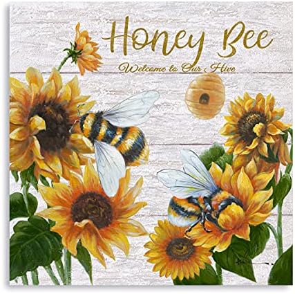 חמניות דבורת קיר קישוטי דבש דבורת מטבח שמן ציור אביב מתנה עבור שינה 14 איקס 14, צהוב