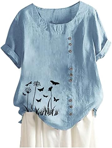 כותנה פשתן חולצות לנשים קצר שרוול פרפר פרחוני הדפסת צווארון עגול בציר חולצות קיץ רופף כפתור חולצה