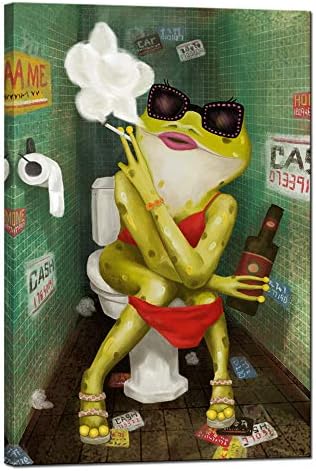מצחיק אמבטיה קיר אמנות מופשט צפרדע עישון ושתייה על אסלת ציור בד הדפסת מגניב בעלי החיים יצירות אמנות מודרני בר פאב שינה דקור