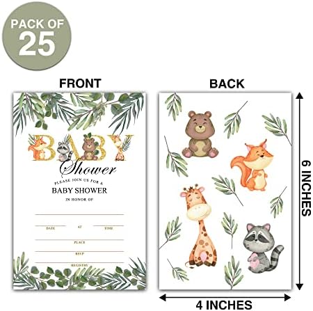 25 חיות יערות כרטיסי הזמנה למקלחת לתינוקות עם מעטפות - ספארי מגדר מגדר חשיפת מזמנות למבוגרים לילדים - מגדרי