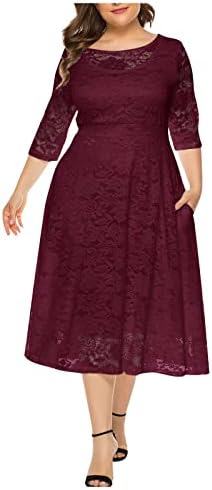 שמלת מקסי של קיץ פרגיר, טמפרמנט לנשים שרוול שרוול בן שלושה רבעים שרוול צבע מוצק בצבע אחיד O-צוואר פלוס שמלה בגודל