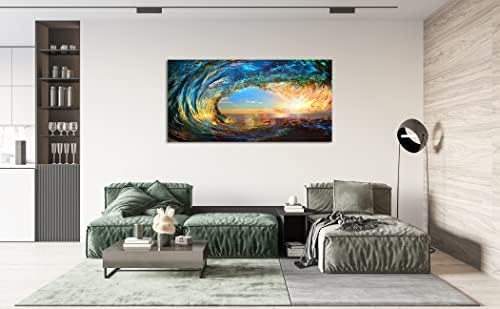 קאו גן דקור אמנות של 06750 ענק גל מים קיר אמנות בד הדפסי 1 פנלים גלי אוקיינוס תמונות ציורי עם שקיעה כחול נוף ימי נמתח וממוסגר