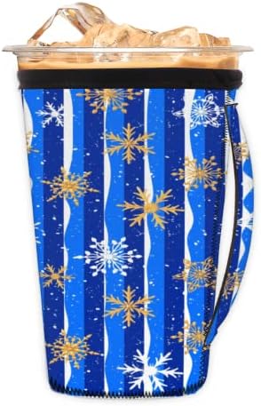 פתיתי שלג כחולים חג המולד לשימוש חוזר של שרוול קפה קרח עם שרוול כוס ניאופרן ידית לסודה, לאטה, תה, משקאות, בירה