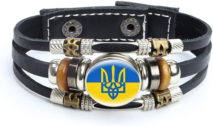 אוקראינה דגל קסם צמיד, את טריזוב טריידנט - מעיל של זרועות של אוקראינה עם זכוכית כיפת עור מפוצל צמיד
