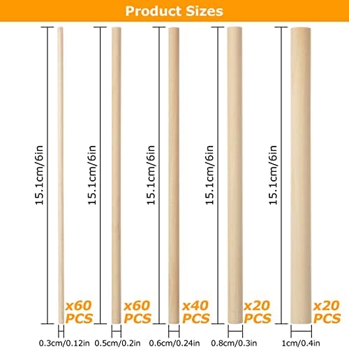 DAJAVE 200 PCS 6 אינץ 'מוטות מעץ מעץ, מוטות מתלה 1/8, 3/16, 1/4, 3/8, 5/16 אינץ' מידות שונות ומגוון מקלות עץ עגולים,