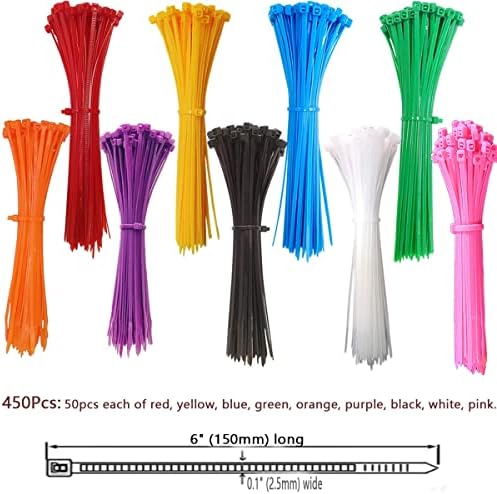 אורליסג 450 יחידות של קשרי כבלים צבעוניים, קשרי כבל ניילון רב צבעוניים, קשרי רוכסן כבלים בגודל 6 , 9 צבעים, מתאימים