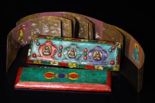 9 טיבטי מקדש אוסף ישן עץ צבע התחקות פסיפס טורקיז שלוש אוצרות בודהה הכתוב מזמרים בודהיסטי כלי