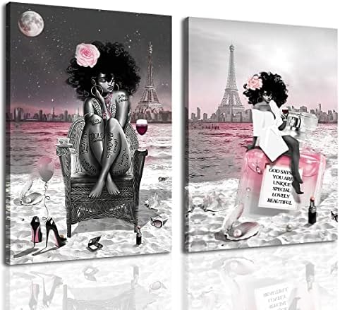 נערת שחורה ממוסגרת אפרו -אמריקאית קיר אמנות עיצוב נשים ורוד ואפור אמבטיה על חוף איפל מגדל אייפל מופשט יצירות