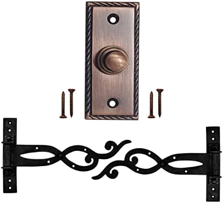כפתור פעמון דלת Akatva עם סט ציר - 2 חתיכות צירי שער לגדרות עץ כבד - כפתור לחצן פעמון - כפתור פעמון קווי