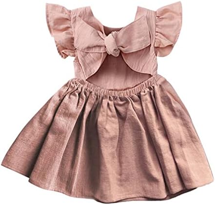פעוטות פעוטות תינוקות בנות פרוע שמלת שרוול שרוול כותנה פשתן צבע אחורי שמלות מסיבה מזדמנת של קיץ אחורי