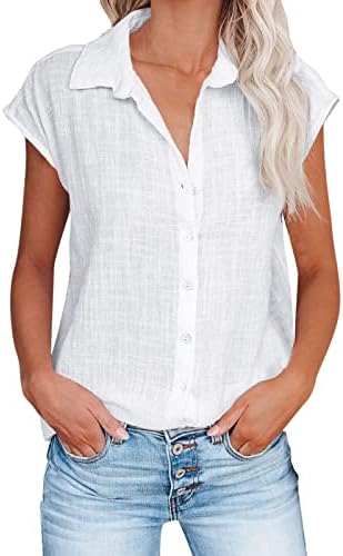 חולצות שרוול קצר של נשים נ 'צוואר צווארון כפתור מטה חולצה בקיץ צבע מוצק צמרות רופפות עם כיס