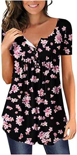 נשים של קיץ פרחוני חולצות הנלי צווארון כפתור עד טוניקת חולצות זורם קפלי חולצות כפתור עד מזדמן קצר שרוול חולצות