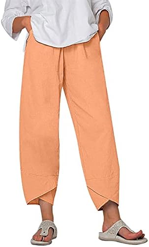 מכנסיים של ליירקה קאפרי לנשים מכנסי פשתן כותנה קיץ מזדמנים מכנסיים מותניים אלסטיים רופפים מכנסי קפריס רחבים