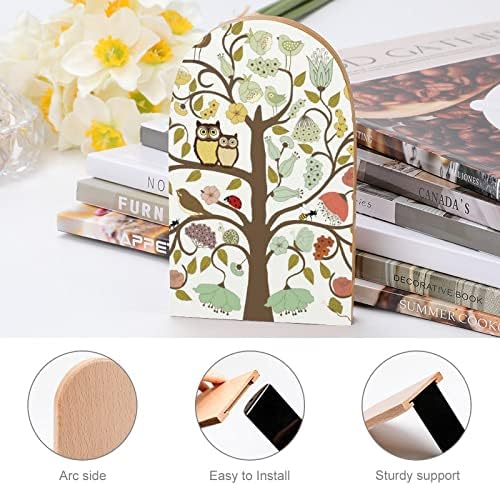 אמנות מופשטת עץ החיים עם פרחים וציפורים ינשופים 2 יחידות קצות ספרים מעץ, מחזיק מדף ספרים ללא החלקה תומכי ספרים מעץ עומדים למדפים