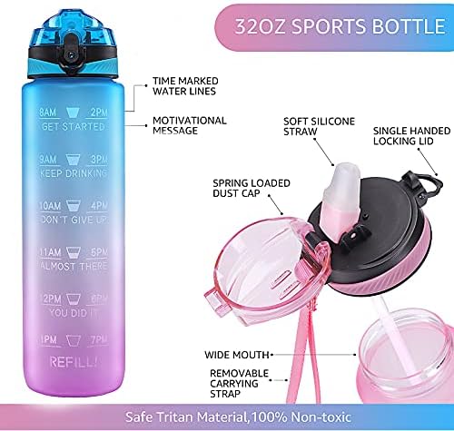בקבוק מים של Miyajoy עם קש וקש, בקבוק מים מוטיבציוני של 32oz, Tritan ללא BPA ובקבוק מים לשימוש חוזר אטום דליפות, להבטיח
