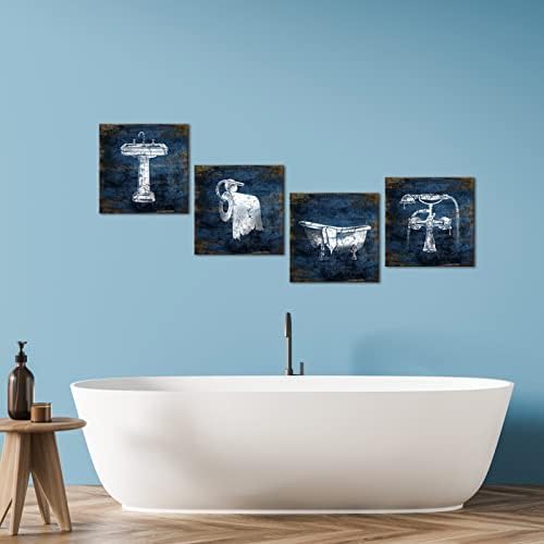 כחול אמנות קיר עיצוב חדר אמבטיה ממוסגר בד הדפסת תמונות 4 חתיכות מופשט תמונות מודרני חיל הים ממוסגר קיר תפאורה יצירות אמנות