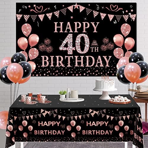 Trgowaul קישוטי יום הולדת 40 נשים - ורד זהב שמחה 40 באנר ליום הולדת, 2 מחשבים יום הולדת שמח שפת מפת, 40 יח '