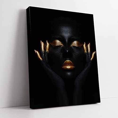 ציור בד אמנות קיר עם מסגרת, שחור וזהוב אופנה שחורה אשה שחור דיוקן יצירות אמנות אפריקאיות אמריקה אמנות קיר