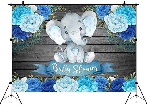 תפאורות מקלחת תינוק פיל ילד 9 על 6 רגל פרחים בצבעי מים פרחוניים כחולים מרקם עץ כפרי רקע צילום קיר יילוד זה