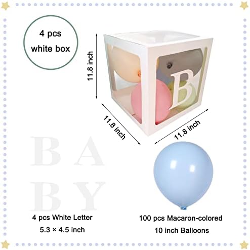 קופסאות לתינוקות עם אותיות למקלחת לתינוק, 4 בלוקים לתינוקות שקופים למקלחת לתינוק, 100 יח 'צבע של מקרון בלוני מקלחת לתינוק,