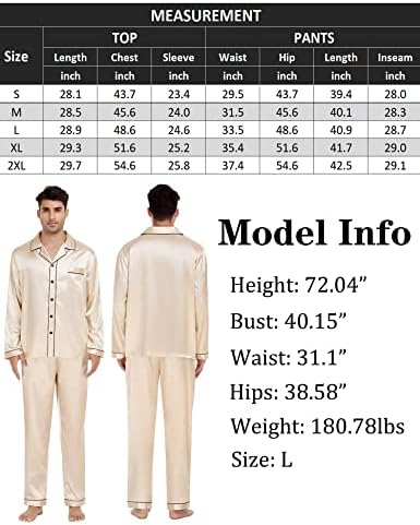 Swomog Mens Silk Satin Pajamas מגדיר שרוול ארוך בגדי שינה דו-חלקים כפתורים מכפתורים PJS