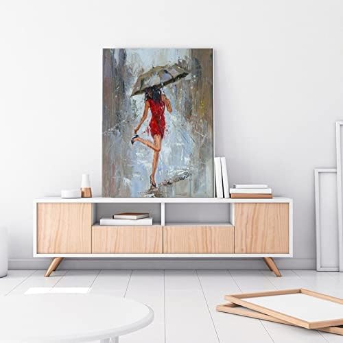 תקציר כרזות בד מודרני קיר ציור אמנות מטרייה ילדה עם שמלה אדומה בהליכה על רחוב צ'אר צ'ארס פוסטרים והדפסים תמונות אמנות קיר