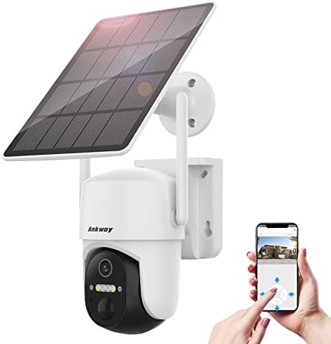 מצלמת אבטחה סולארית של Ankway, מצלמות חיצוניות אלחוטיות 2K עם אפליקציה חכמה, ראיית לילה צבעונית, מצלמת WiFi של 360 ° PTZ