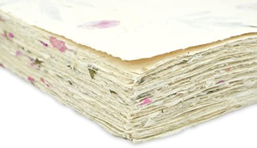 מלאי כרטיסי Lokta בעבודת יד נייר קצה סיפון בגודל 8.5x11 אינץ 'עם עלי כותרת של Bougainvillea ועלי טיטפטי. להזמנת כתיבה, הדפסה