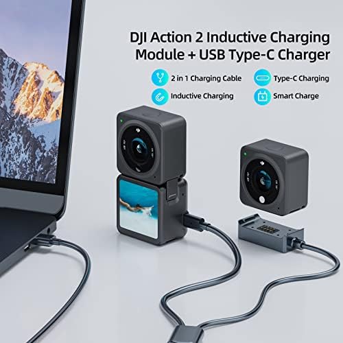 2 ב 1 מטען מהיר חכם בסיס מגנטי כבל U USB מסוג C עם אור עבור DJI Action 2 מצלמה ראשית מצלמה מסך כפול