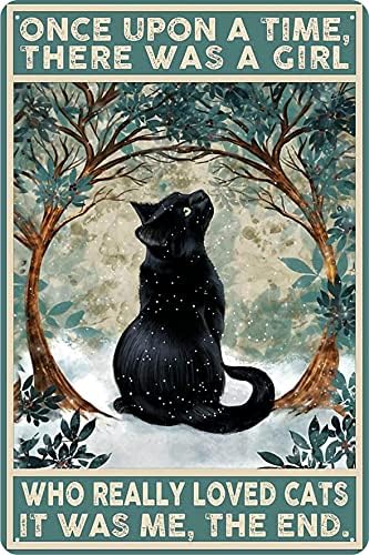 Minitpolin Decor Cat Decor וינטג 'מתכת פח שלט חתול שחור פעם אחת היה ילדה פוסטר ארט תפאורה ביתי בר פוסטר פוסטרים חמודים כרזות
