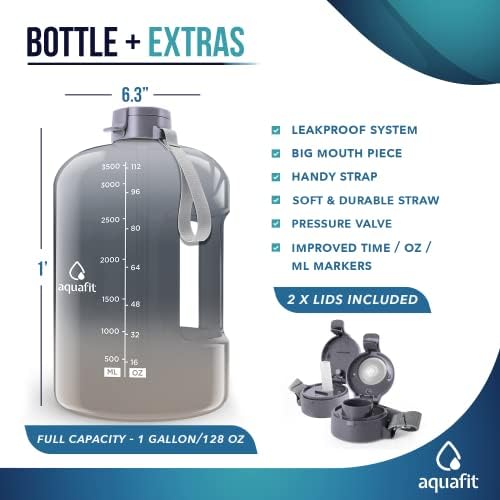 Aquafit 1 ליטר בקבוק מים עם זמנים לשתייה - בקבוק מים 128 גרם עם קש - בקבוק מים מוטיבציוני - בקבוק מים גדול