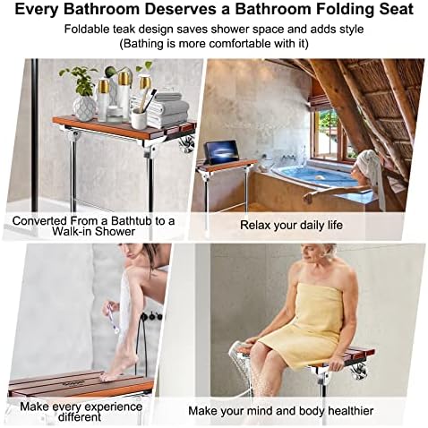 מושב מקלחת מתקפל מעץ טיק צמוד לקיר עם רגליים, ספסל מקלחת מתקפל לחלל מקלחת קטן, שרפרף לטיפול ביתי למקלחת פנימית,