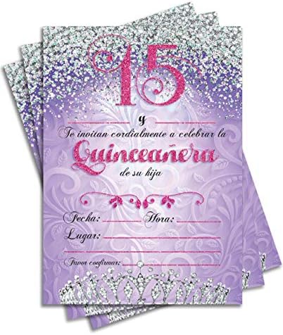 25 הזמנות למסיבת Quinceañera 5x7 כרטיסים ורודים וסגולים דו צדדיים ליום ההולדת ה -15 של הילדה כוללים מעטפות