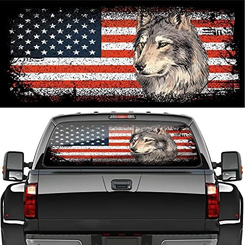 מדבקות חלונות אחוריים לרכב זאב דגל אמריקאי חיה חיה טרורקית חלון אחורי מחורר כיסוי מדבקות, מדבקות חלון גב משאיות רכב שטח,