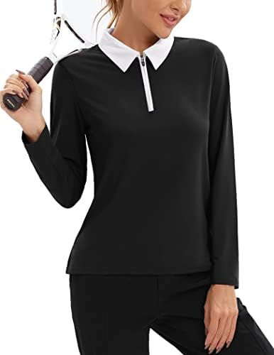 חולצת גולף של Hotloox נשים שרוול ארוך UPF 50+ רוכסן לחות פיתול חולצת פולו יבשה מהירה S-XXL
