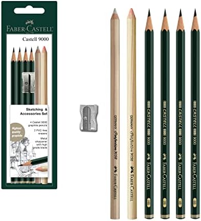 סט רישום ואביזרים של פאבר -קסטל - קסטל 9000 עפרונות גרפיט ועפרונות מחק - עפרונות אמנות לרישום והצללה