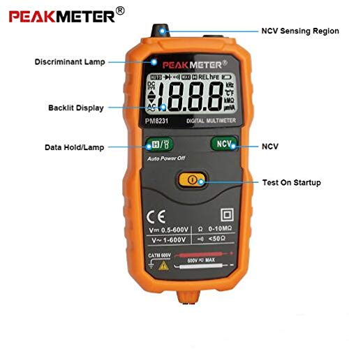 Peakmeter גודל כיס חכם דיגיטלי רב-דיגיטלי מולטי-מגע מיני-מגע אוטומטי DC AC AC בודק התנגדות עם NCV PM8231