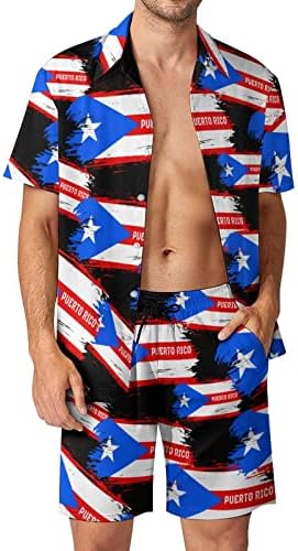 דגל פוארטו ריקו, תלבושות חוף של 2 חלקים, כפתור הוואי מטה חולצה עם שרוול קצר וחליפות מכנסיים קצרים