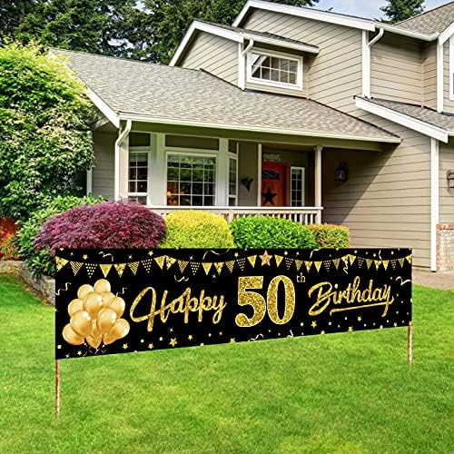 קישוטים של באנר יום הולדת 50 שמח, זהב שחור 50 ציוד מסיבות שלטי יום הולדת לגברים נשים, חמישים יום הולדת לתקן תאי צילום אבזרי