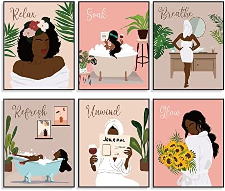 6 חלקים אישה שחורה עיצוב אמנות אמבטיה, מוטיבציה אפריקאית אמריקאית ילדה שחורה ציורים אסתטיים פוסטרים לא ממוסמכים בוהו יצירות