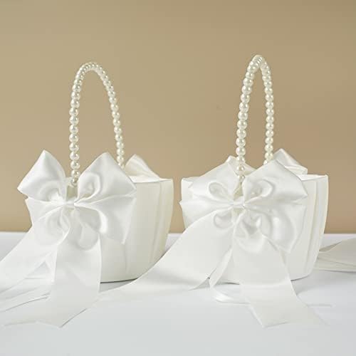 2 יחידות חתונה פרח ילדה סלי עם חמוד פרל ידית קשת סאטן פרח סלי לחתונה טקס-שנהב