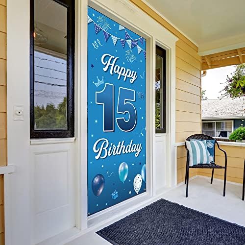 יום הולדת 15 דלת באנר רקע, שמח יום הולדת 15 קישוטים לבנים, כחול בן 15 שנה מסיבת יום הולדת אבזרי תא צילום, יום הולדת
