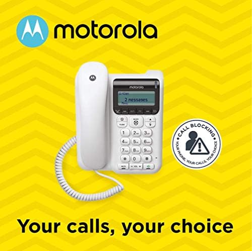 מוטורולה CT610 טלפון כבל עם מכונת תשובה וחסימת שיחות מתקדמת, לבן,
