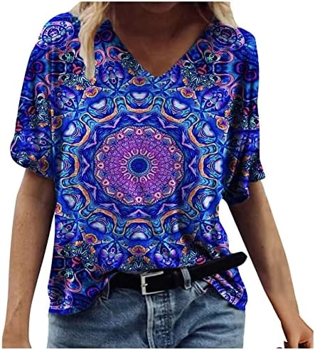 חולצות נשים חולצות טיז עם הדפס פרחוני בוהו מזדמנים עם צווארון חולצות שרוול קצר חולצות בכושר רגוע טוניקה טופ 2023