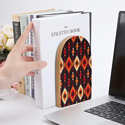 שבטי גיאומטרי דפוס גדול עץ תומכי ספרים מודרני דקורטיבי מדף ספרים ספר פקק שולחן מדף מחזיקי סט של 2