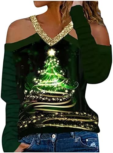 Beuu לחג המולד של נשים V צוואר חולצות טריקו חג המולד הדפס כתף קרה צמרות שרוול ארוך סווטשירט סווטשירט סוודר גרפי תלת ממדי