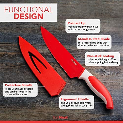 לאכול סט סכיני מטבח צבעוני מסודר בן 12 חלקים - 5 סכיני נירוסטה צבעוניים עם נדנים, קרש חיתוך ומחדד-כלי חיתוך חדים
