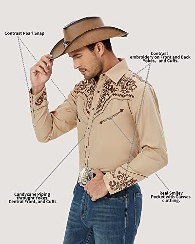 Salvaje Oeste מערבית חולצות קאובוי רקומות לגברים, כפתור מזדמן למטה חולצת שרוול ארוך עיצוב פרחוני חולצה רטרו